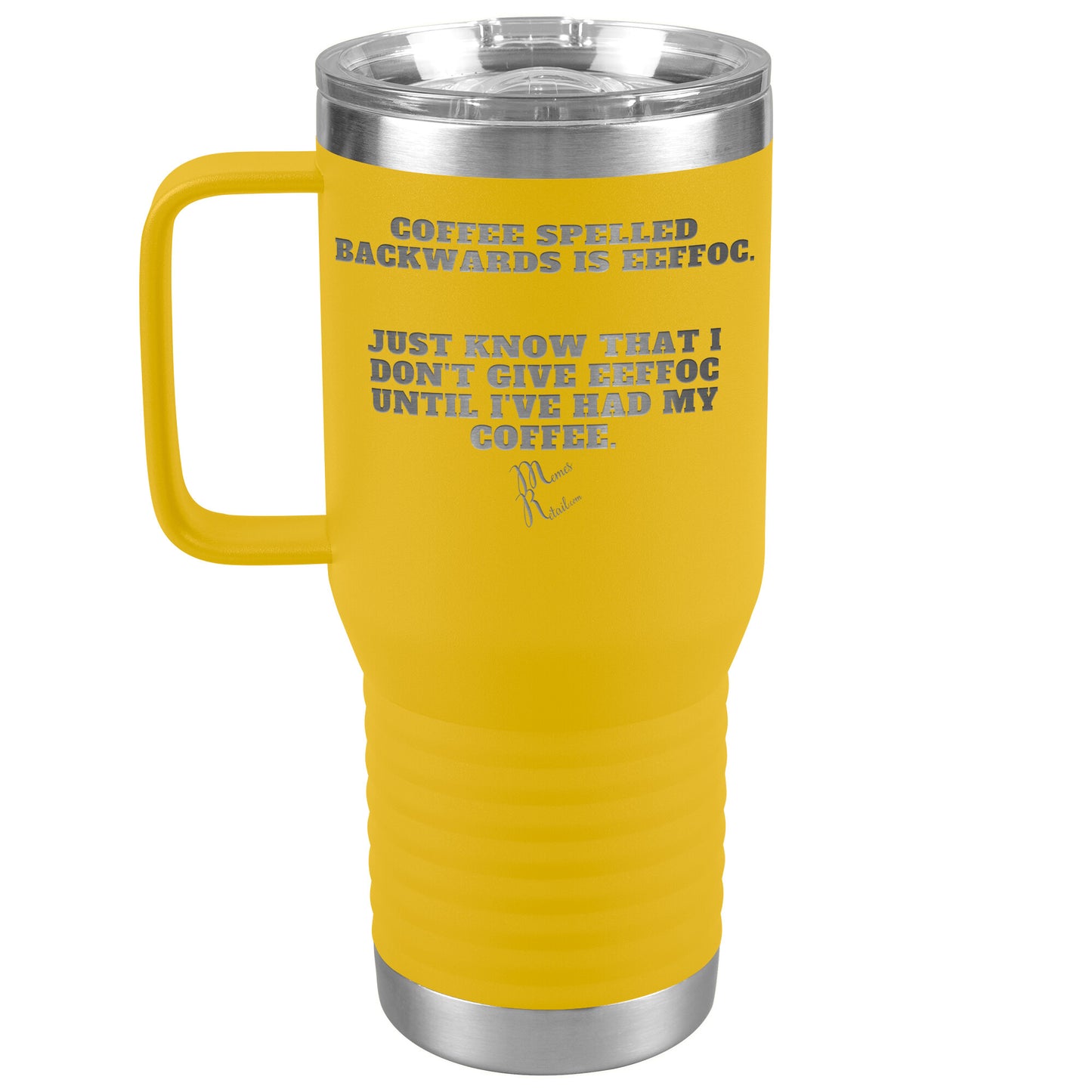Coffee spelled backwards is eeffoc Tumblers, 20oz Travel Tumbler / Yellow - MemesRetail.com