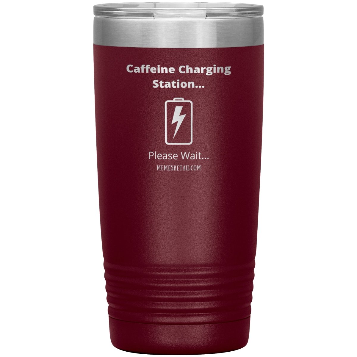 Caffeine Charging Station, Please Wait... Tumblers, 20oz Insulated Tumbler / Maroon - MemesRetail.com