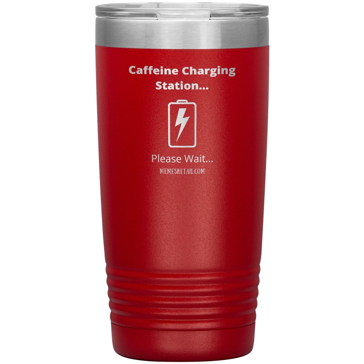 Caffeine Charging Station, Please Wait... Tumblers, 20oz Insulated Tumbler / Red - MemesRetail.com