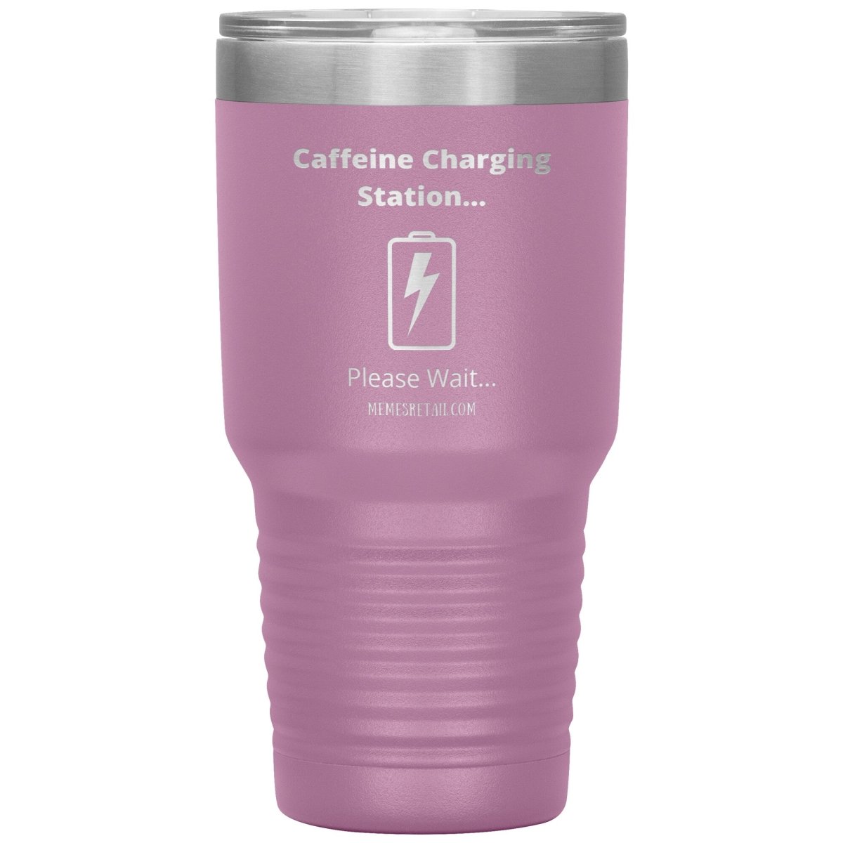 Caffeine Charging Station, Please Wait... Tumblers, 30oz Insulated Tumbler / Light Purple - MemesRetail.com