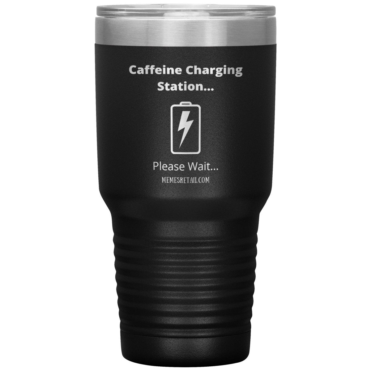 Caffeine Charging Station, Please Wait... Tumblers, 30oz Insulated Tumbler / Black - MemesRetail.com