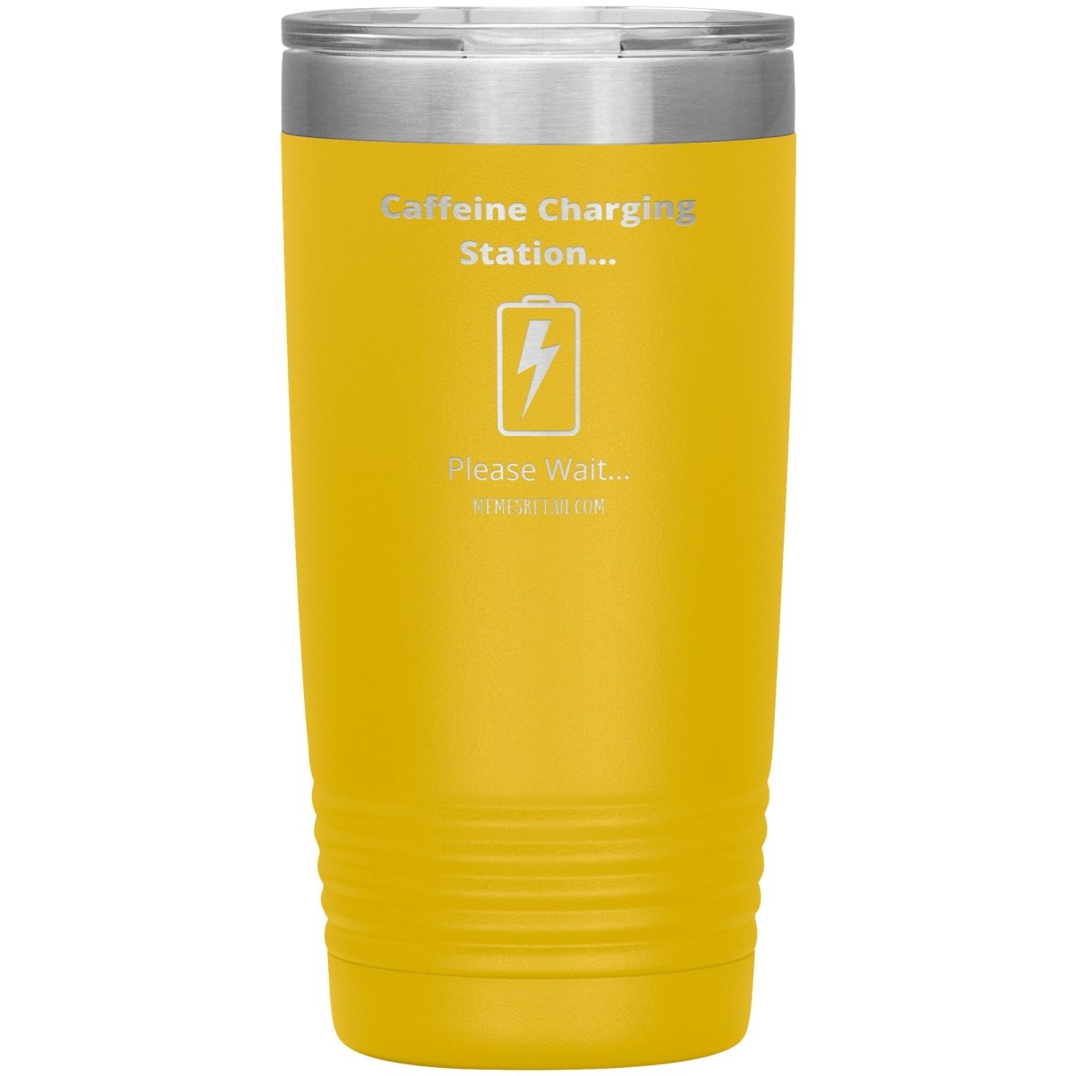 Caffeine Charging Station, Please Wait... Tumblers, 20oz Insulated Tumbler / Yellow - MemesRetail.com