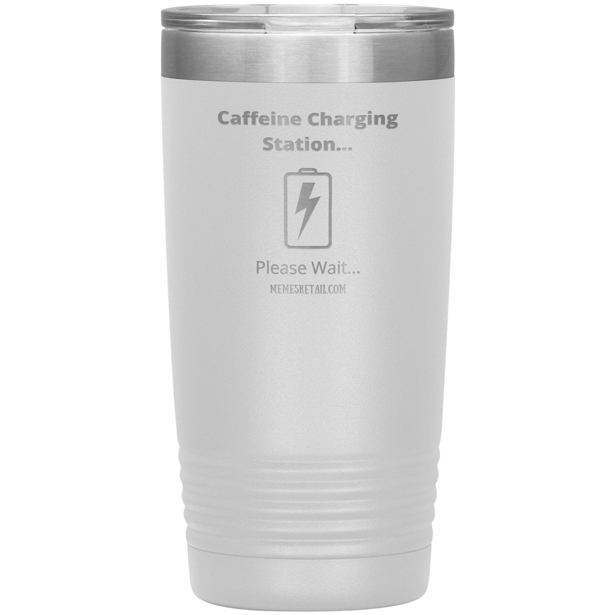 Caffeine Charging Station, Please Wait... Tumblers, 20oz Insulated Tumbler / White - MemesRetail.com
