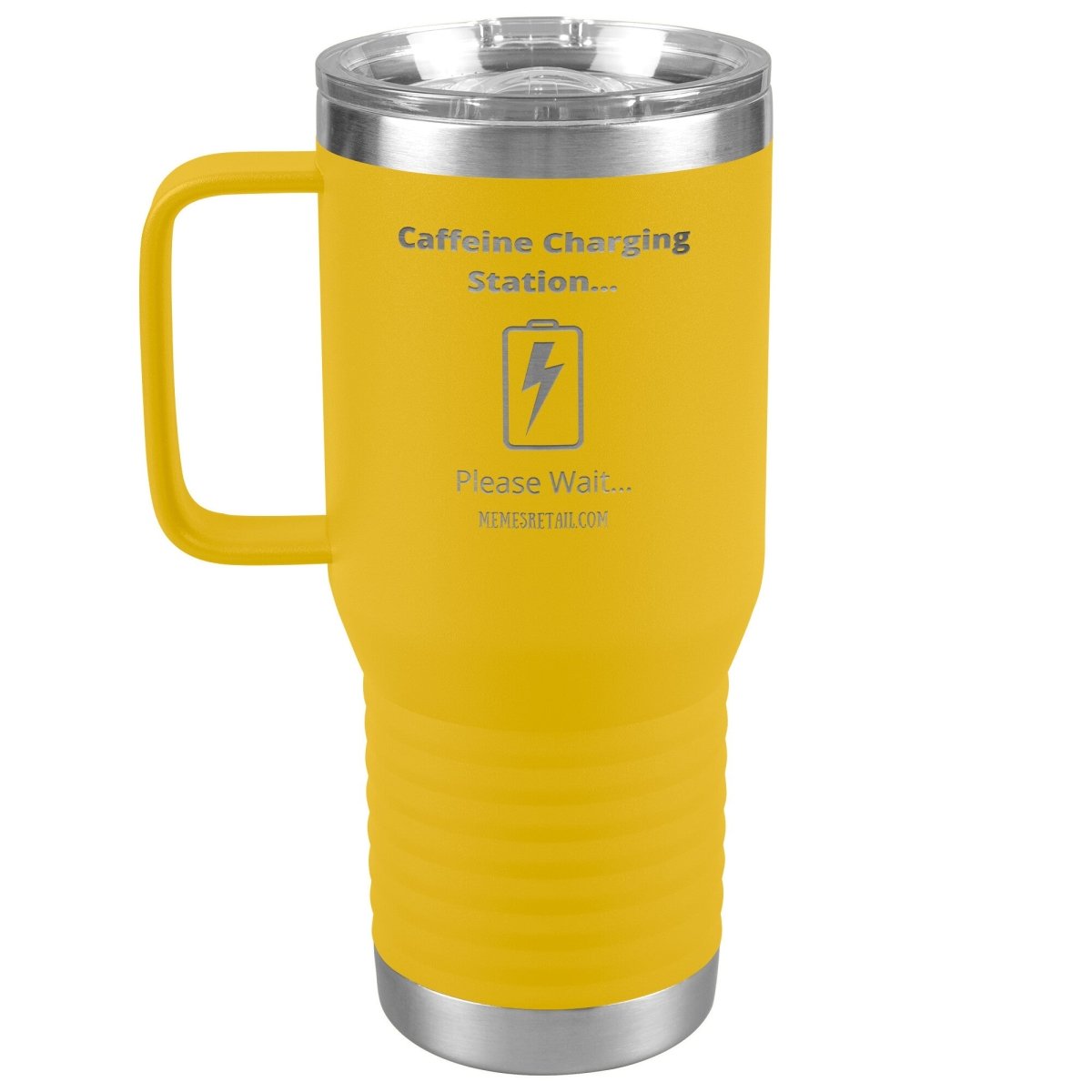 Caffeine Charging Station, Please Wait... Tumblers, 20oz Travel Tumbler / Yellow - MemesRetail.com