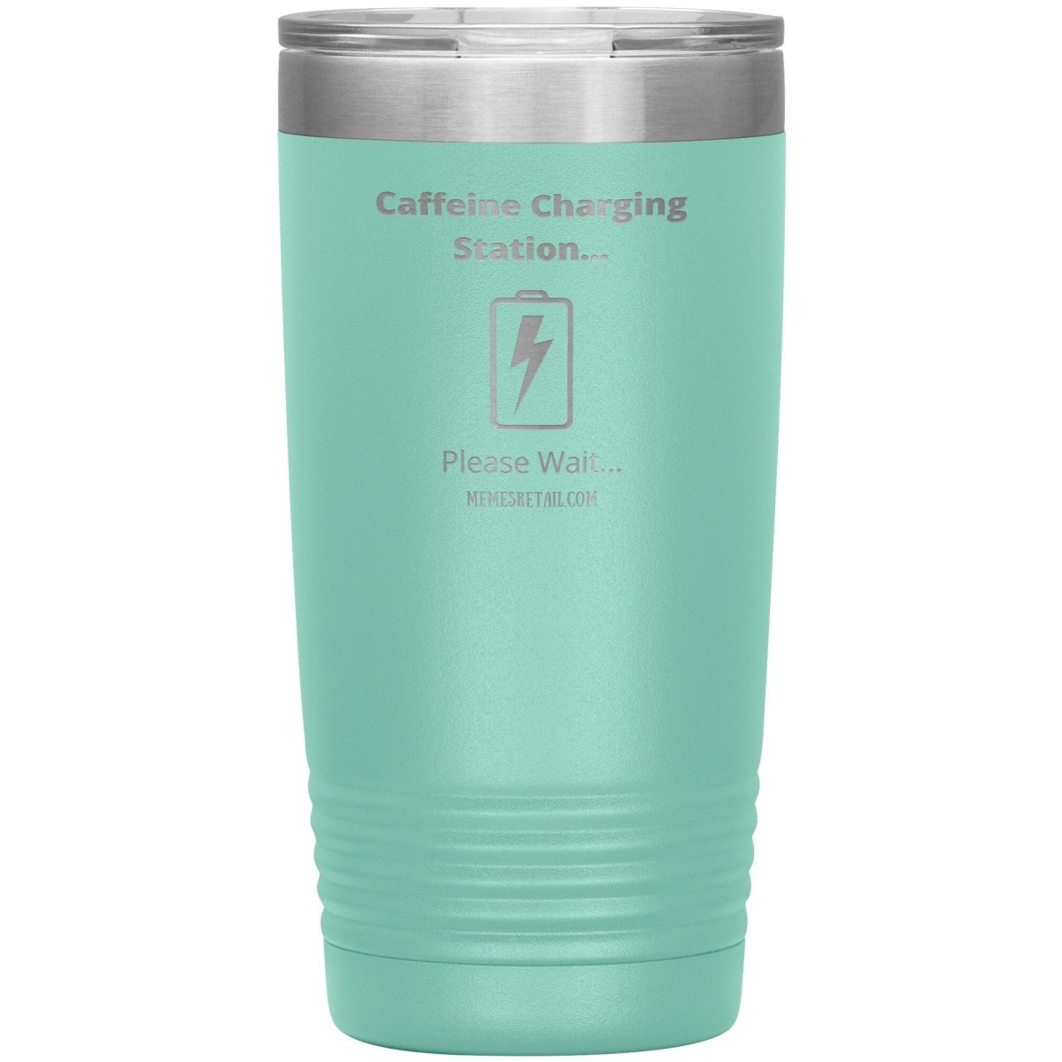 Caffeine Charging Station, Please Wait... Tumblers, 20oz Insulated Tumbler / Teal - MemesRetail.com
