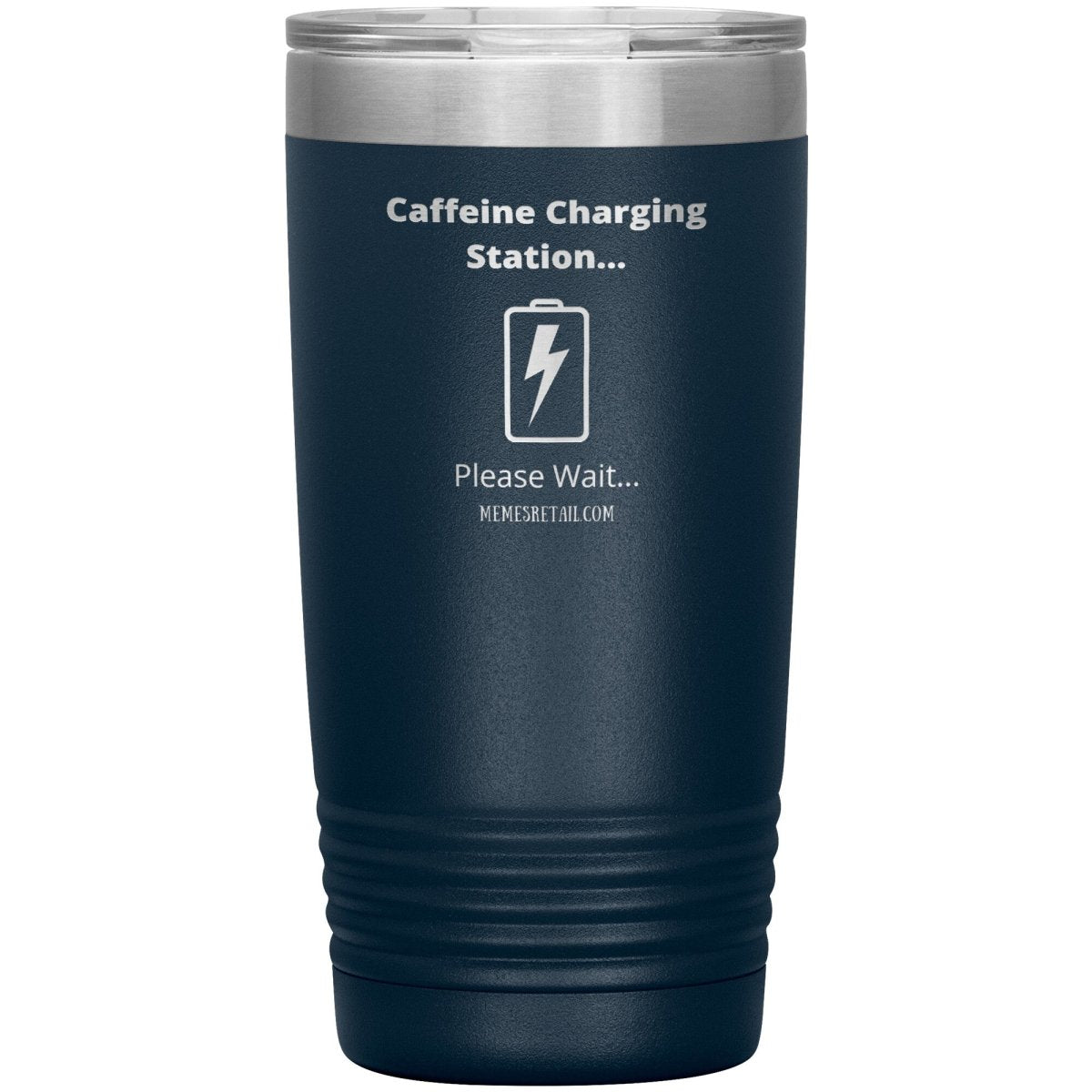 Caffeine Charging Station, Please Wait... Tumblers, 20oz Insulated Tumbler / Navy - MemesRetail.com