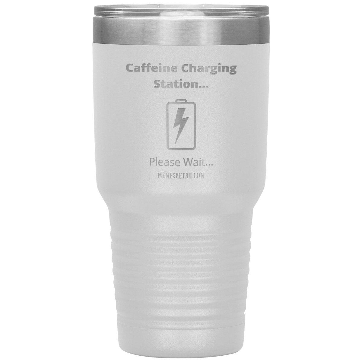 Caffeine Charging Station, Please Wait... Tumblers, 30oz Insulated Tumbler / White - MemesRetail.com