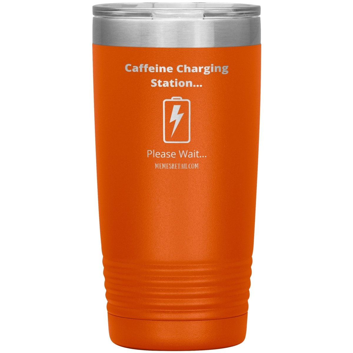 Caffeine Charging Station, Please Wait... Tumblers, 20oz Insulated Tumbler / Orange - MemesRetail.com