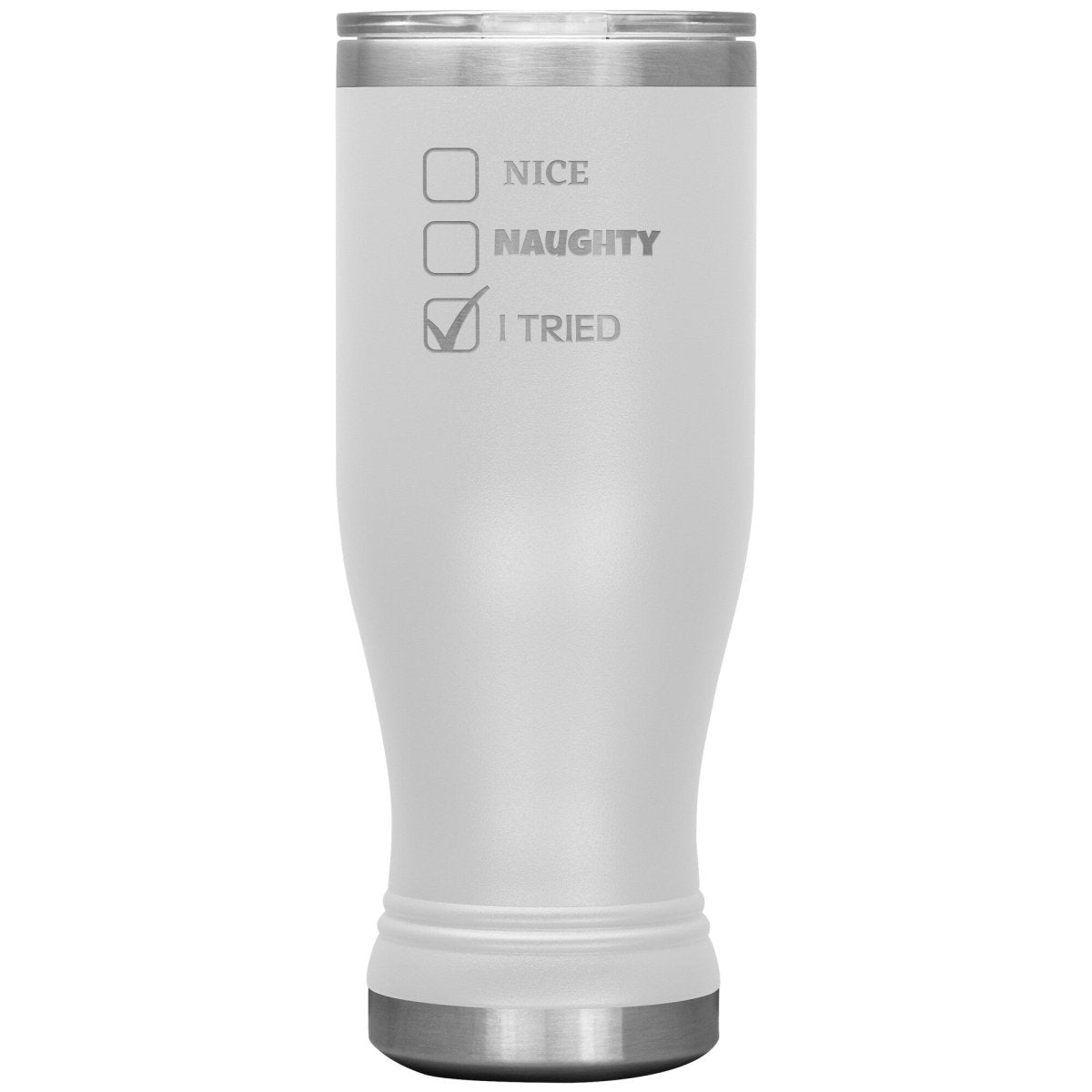 Nice, Naughty, I tried, Christmas Tumblers, 20oz BOHO Insulated Tumbler / White - MemesRetail.com