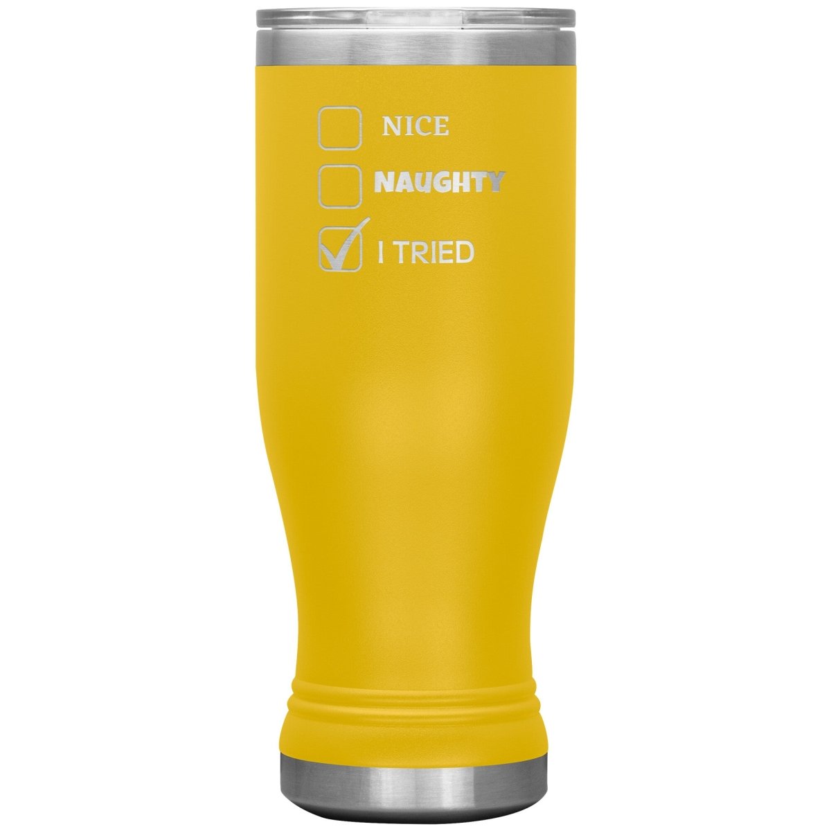 Nice, Naughty, I tried, Christmas Tumblers, 20oz BOHO Insulated Tumbler / Yellow - MemesRetail.com
