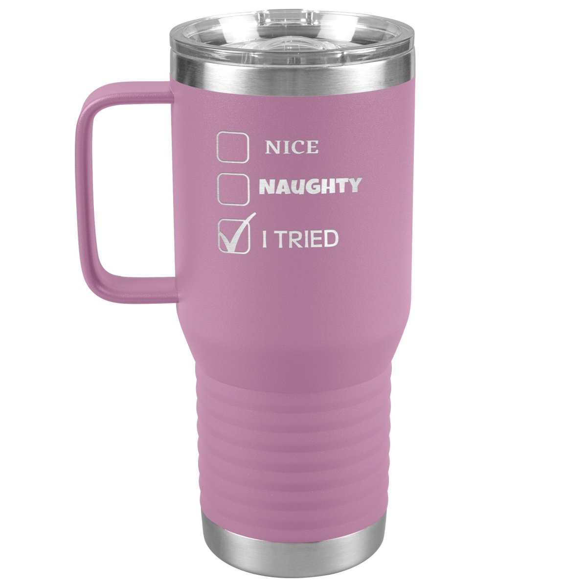 Nice, Naughty, I tried, Christmas Tumblers, 20oz Travel Tumbler / Light Purple - MemesRetail.com