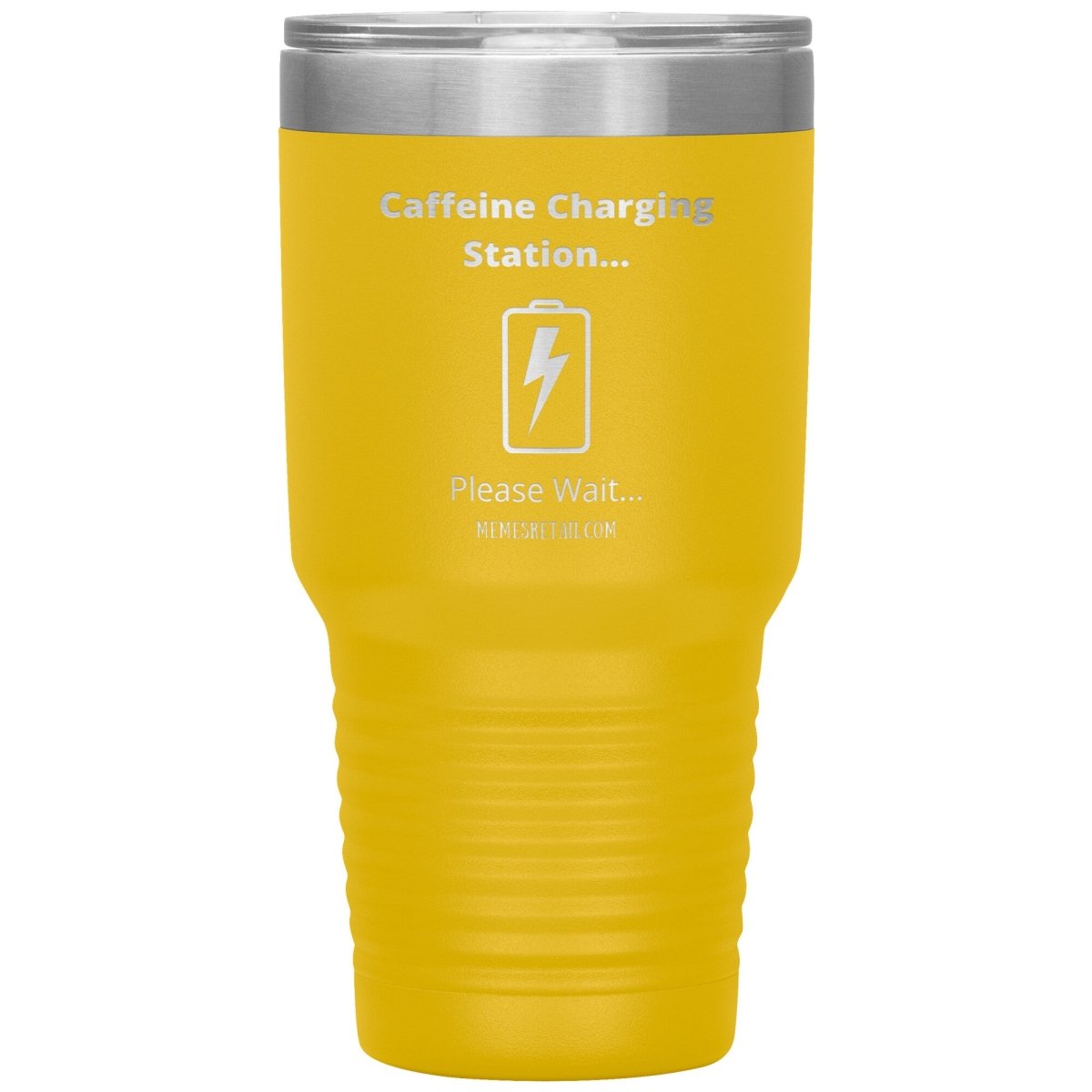 Caffeine Charging Station, Please Wait... Tumblers, 30oz Insulated Tumbler / Yellow - MemesRetail.com