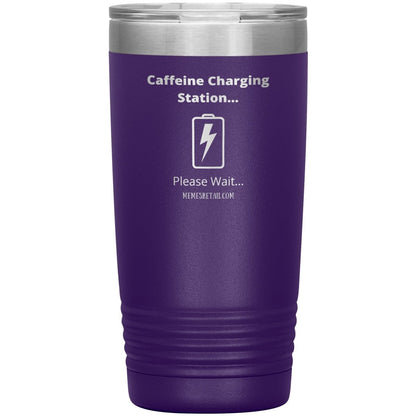 Caffeine Charging Station, Please Wait... Tumblers, 20oz Insulated Tumbler / Purple - MemesRetail.com
