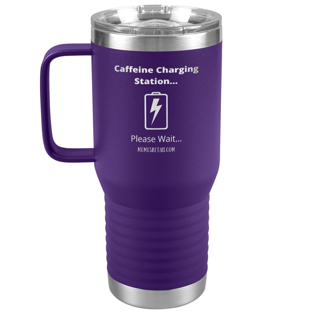 Caffeine Charging Station, Please Wait... Tumblers, 20oz Travel Tumbler / Purple - MemesRetail.com