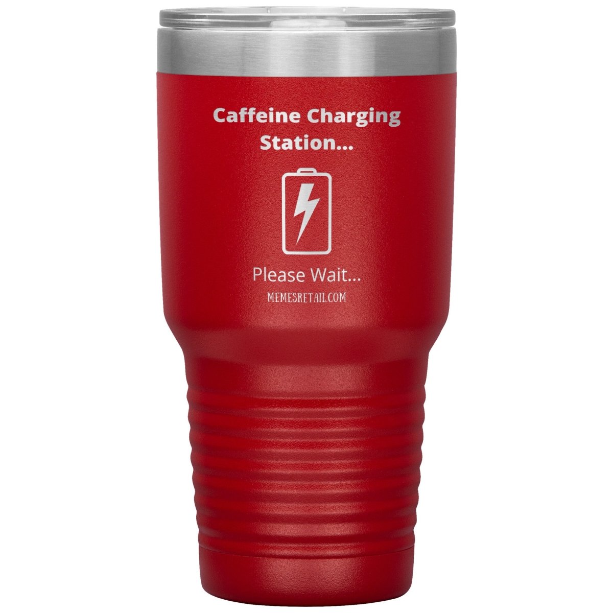 Caffeine Charging Station, Please Wait... Tumblers, 30oz Insulated Tumbler / Red - MemesRetail.com