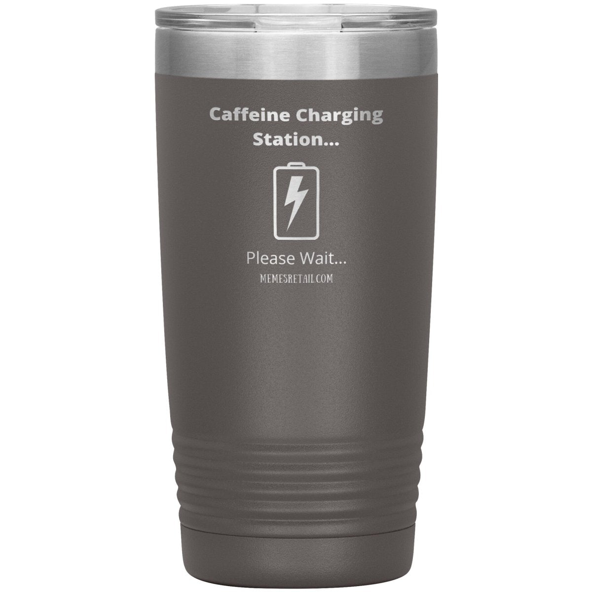 Caffeine Charging Station, Please Wait... Tumblers, 20oz Insulated Tumbler / Pewter - MemesRetail.com